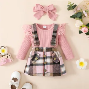3pcs Baby Girl 95% Cotton Rib Knit Spliced Lace Long-sleeve Romper and Plaid Suspender Skirt with Headband Set #208415
