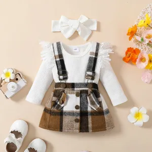 3pcs Baby Girl 95% Cotton Rib Knit Spliced Lace Long-sleeve Romper and Plaid Suspender Skirt with Headband Set #216720