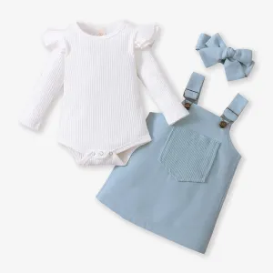 3pcs Baby Girl 95% Cotton Ribbed Long-sleeve Romper and Solid Suspender Dress with Headband Set #192658