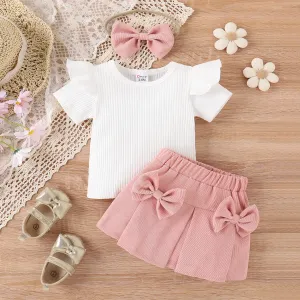 3pcs Baby Girl 95% Cotton Ribbed Ruffle Short-sleeve Tee and Bow Front Skirt & Headband Set