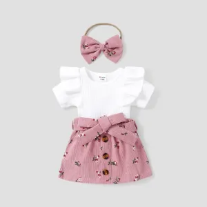 3pcs Baby Girl 95% Cotton Ribbed Ruffle Short-sleeve Tee and Floral Print Belted Skirt & Headband Set