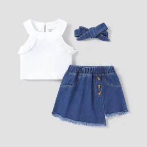 3pcs Baby Girl 95% Cotton Ruffled Rib-knit Halterneck Top & Asymmetrical Hem Denim Skirt & Headband Set #1038167