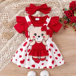 Baby Girl 3pcs Solid Romper and Bear Embroidery Overall Dress with Headband Set #1322915