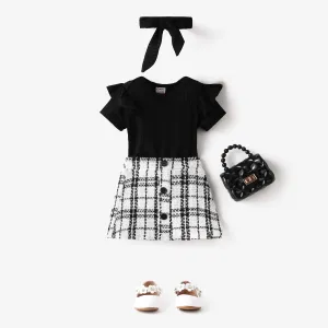 3pcs Baby Girl Black Ribbed Short-sleeve Romper and Tweed Skirt with Headband Set