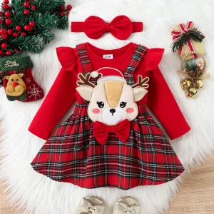 3PCS Baby Girl Christmas Ruffle Edge Top/Dress/ Bowknot Set