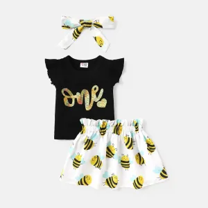 3pcs Baby Girl Cotton Ribbed Flutter-sleeve Letter Graphic Top and Allover Bee Print Skirt & Headband Set
