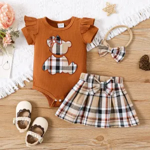 3pcs Baby Girl Cotton Ribbed Ruffle Short-sleeve Bear Embroidered Romper and Plaid Skirt & Headband Set #799334