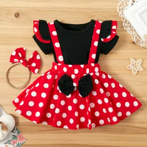 3pcs Baby Girl Cotton Ruffle Short-sleeve Top and Bow Front Polka Dot Suspender Skirt & Headband Set #720845