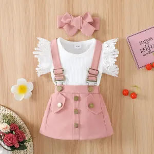 3pcs Baby Girl Lace Flutter-sleeve Ribbed Romper and Suspender Skirt with Headband Set #199593