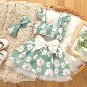 3pcs Baby Girl Little Daisy Print Ruffle Top and Bow Decor Skirt & Headband Set #1042429