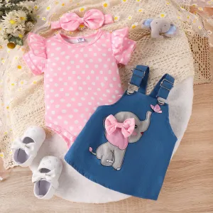 3pcs Baby Girl Polka Dot Pattern Romper and Denim Overall Dress with Headband #1321050