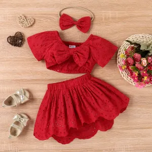 3pcs Baby Girl Solid Eyelet Embroidered Bow Front Short-sleeve Crop Top and High Low Hem Skirt & Headband Set #867729