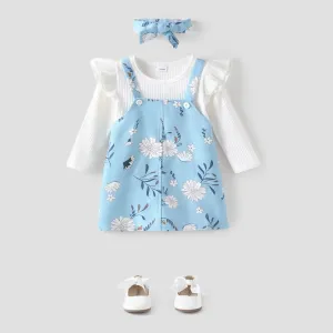 3pcs Baby Girl Solid Rib Knit Ruffle Trim Long-sleeve Top and Floral Print Overall Dress with Headband Set #1230572