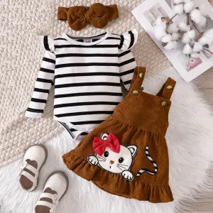 3pcs Baby Girl Stripe Ruffle Long-sleeve Romper and Cat Embroidery Buttons Ribbed Strappy Ruffle Skirt & Headband Set #1095466