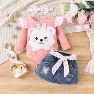 3pcs Baby Girl Sweet Bear Embroidery Romper and Denim Skirt Set #1317985