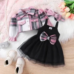 3pcs Baby Girl Sweet Pink Plaid Wool Blend Mesh Dress Set with Headband #1195618