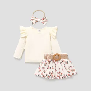 3PCS Baby Girl Sweet Plants and Floral Ruffle Edge Dress Set #1091212