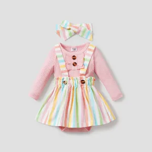 3pcs Baby Girl Sweet Stripe with Button Detail Long Sleeve Skirt Set #1060475