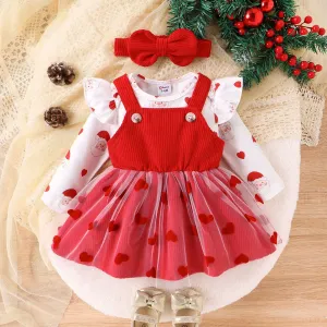 3pcs Christmas Sweet Baby Girl Heart print Mesh Dress  Set with Headband #1193687