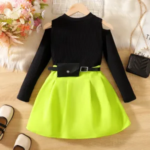 3pcs Kid Girl Cold Shoulder Long-sleeve Rib-knit Top & Pleated Skirt & Belt Bag Set #1056882