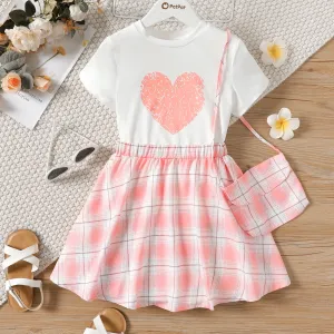 3pcs Kid Girl Heart Print Short-sleeve Tee & Plaid Skirt and Bag Set #236524