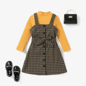 3PCS Kid Girl Secret Button Sweet Top / Grid/Houndstooth Skirt #1193407