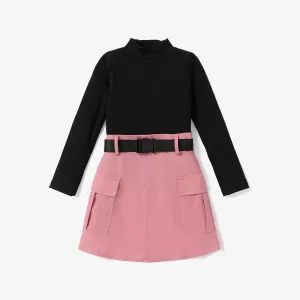 3PCS Kid Girl Solid Top/Avant-garde Patch Pocket Belted Skirt #1161888