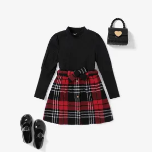 3pcs Kid Girl's Stand Collar Turtle neck Tshirt Plaid pattern School Skirt Suit with Belt #1196262