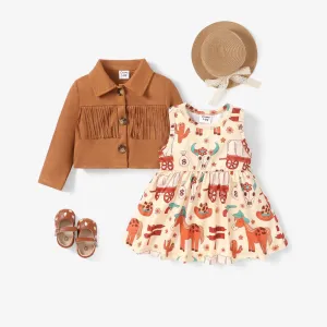 Animal Pattern Cowboy Tassel Suit Dress, 2pcs, Long Sleeve, for Baby Girl #1195870