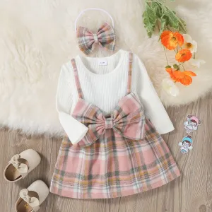 Baby 2pcs White Ribbed Splicing Pink Plaid Bowknot Long-sleeve Faux-two Dress Set #814662