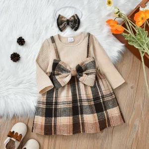 Baby 2pcs White Ribbed Splicing Pink Plaid Bowknot Long-sleeve Faux-two Dress Set