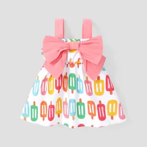 Baby Girl 100% Cotton Allover Colorful Popsicle Print Bow Front Tank Dress