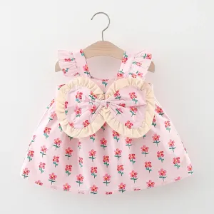 Baby Girl 100% Cotton Allover Floral Print Big Bow Front Flutter-sleeve Dress