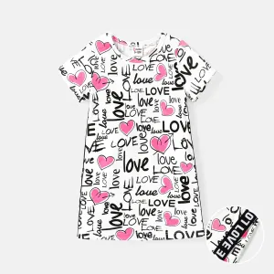 Baby Girl 100% Cotton Allover Heart & Letter Print Short-sleeve T-shirt Dress #727379