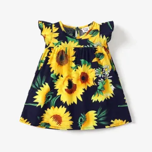 Baby Girl 100% Cotton Cotton Sunflower Print Flutter-sleeve Dress #784538