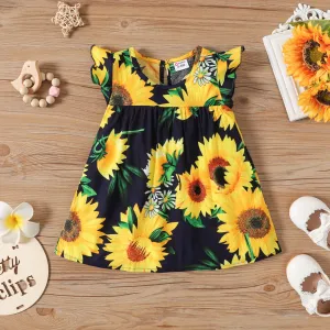Baby Girl 100% Cotton Cotton Sunflower Print Flutter-sleeve Dress #784540