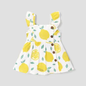 Baby Girl 100% Cotton Gingham or Allover Lemon Print Flutter-sleeve Button Dress #219029