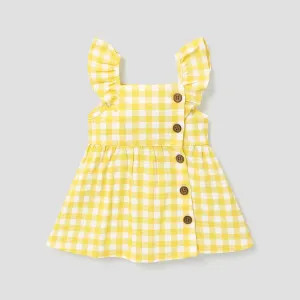 Baby Girl 100% Cotton Gingham or Allover Lemon Print Flutter-sleeve Button Dress #219034