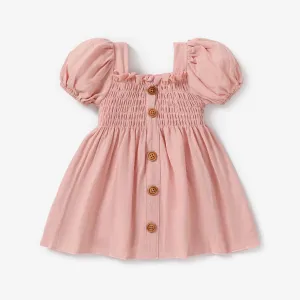 Baby Girl 100% Cotton Pink Square Neck Puff-sleeve Button Front Shirred Dress #875053