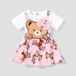 Baby Girl 100% Cotton Short-sleeve Cartoon Bear Faux-two Suspender Dress