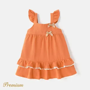 Baby Girl 100% Cotton Solid Bow Front Layered Ruffle Hem Flutter-sleeve Dress #909896