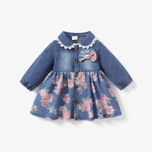Baby Girl Denim Elegant Floral Pattern Lapel Dress #1068176
