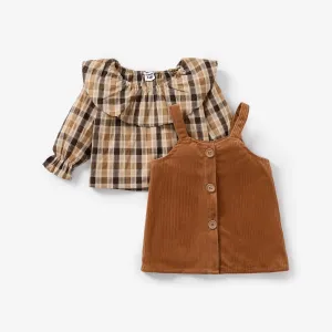 Baby Girl 2pcs Ruffle Plaid Long-sleeve Top and Solid Corduroy Overall Dress Set #977564