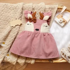 Baby Girl 3D Antlers Pink Ruffle Sleeveless Corduroy Overall Dress #829269