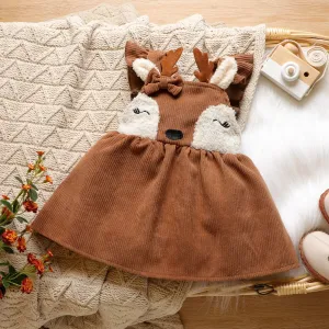 Baby Girl 3D Antlers Pink Ruffle Sleeveless Corduroy Overall Dress #829277