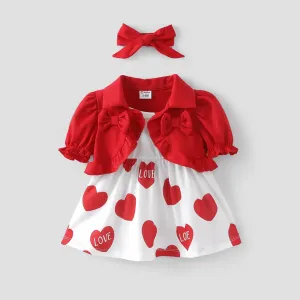 Baby Girl 3pcs Ruffled Cardigan and Heart-shaped Print Dress with headband #1321835