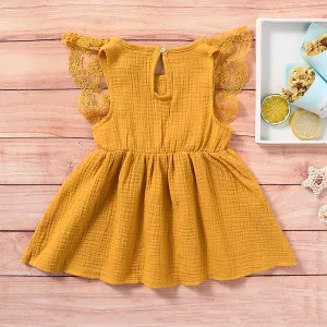 Baby Girl 95% Cotton Crepe Sleeveless Lace Bowknot Button Dress #719816