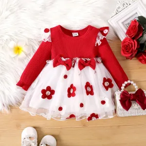 Baby Girl 95% Cotton Floral Embroidery Mesh Bow Decor Ruffle Long-sleeve Fairy Dress #1057631