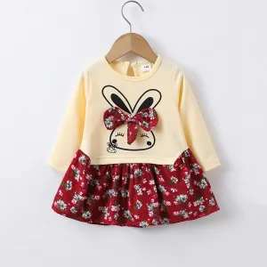 Baby Girl 95% Cotton Long-sleeve Cartoon Rabbit and Floral Print Bowknot Faux-two Dress #783688