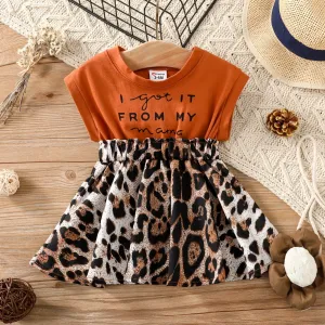 Baby Girl 95% Cotton Sleeveless Faux-two Letter Print Splicing Leopard Dress #802942